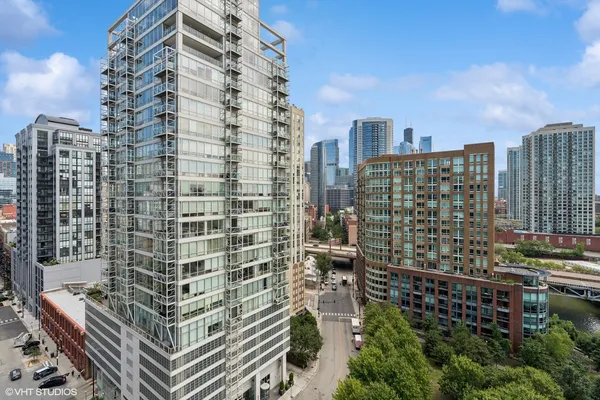 a city view with tall buildings