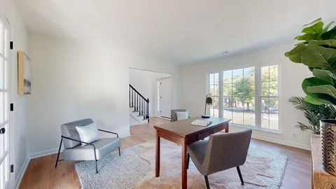 a living room with furniture and a potted plant