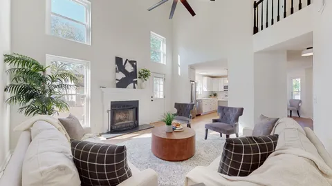 a living room with furniture a fireplace and a potted plant