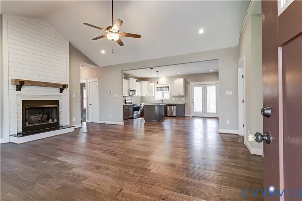 a living room with a fireplace