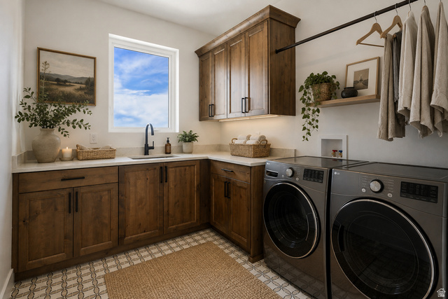 692 East Mountain Road North Ogden, UT 84414 - Photo 24 of 35 Laundry room featuring wood-finish cabinetry, light-toned countertops, an undermount sink with a matte black faucet, patterned floor tiling, and a black metal hanging rod