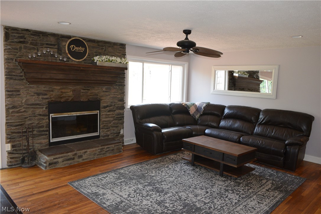 3285 Hemphill Road Barberton, OH 44203 - Photo 36 of 50 Living room with a healthy amount of sunlight, a fireplace, and dark wood-type flooring
