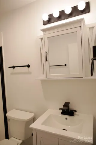 a bathroom with a toilet a sink and vanity
