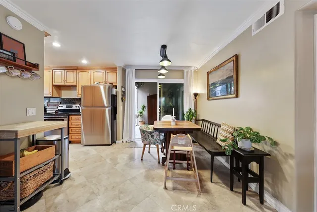 a view of a dining room with furniture