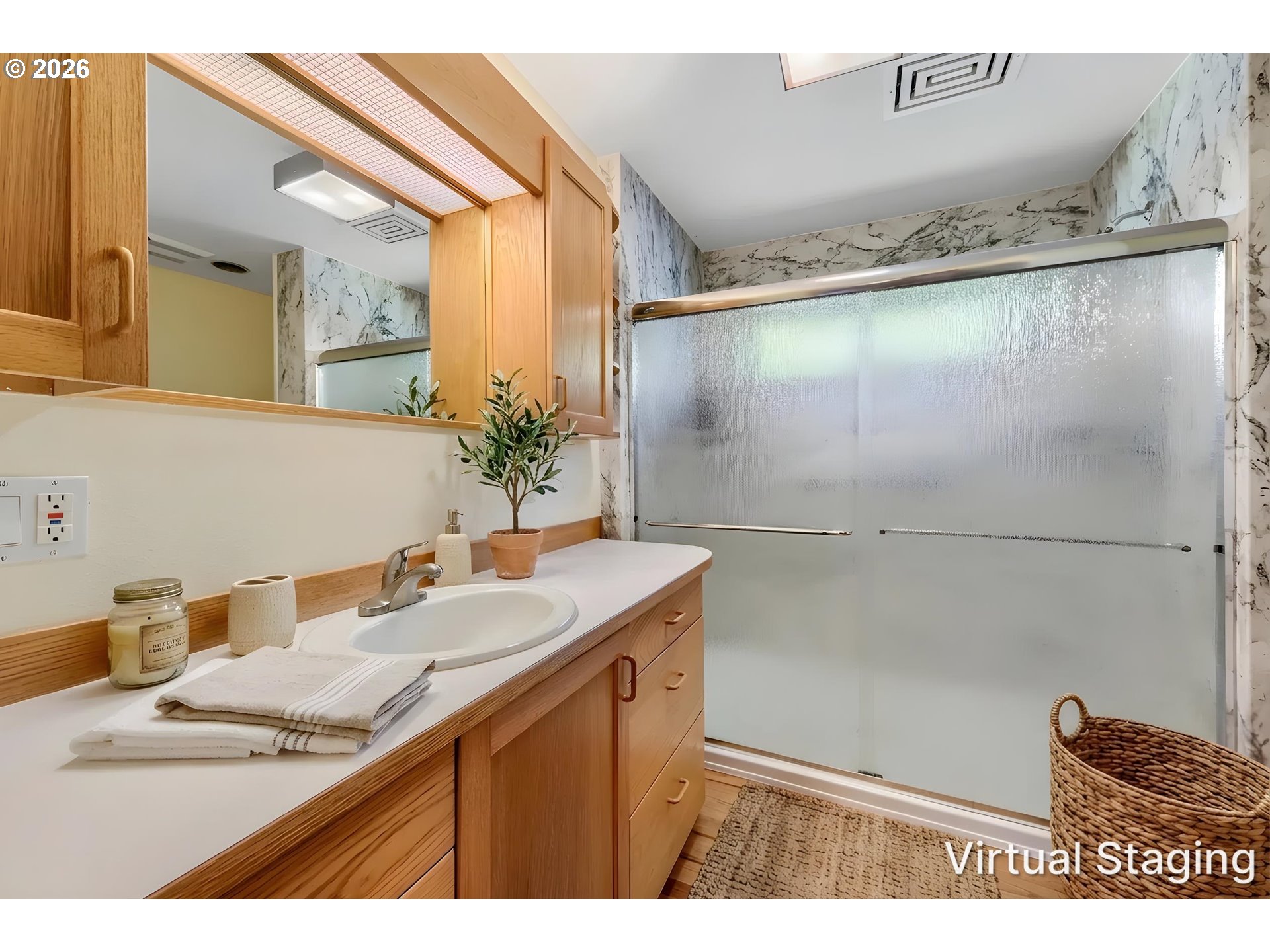 45354 Northwest Hartwick Road Banks, OR 97106 - Photo 16 of 35 a bathroom with a granite countertop sink a mirror and shower