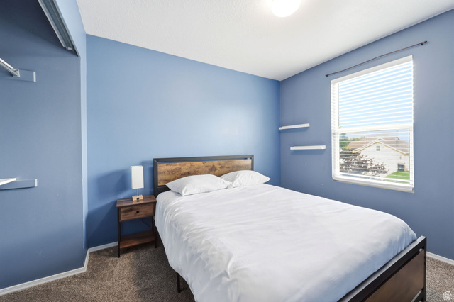 5485 Heather Way Tooele, UT 84074 - Photo 28 of 41 Bedroom featuring blue painted walls, neutral carpet flooring, and a single window with blinds