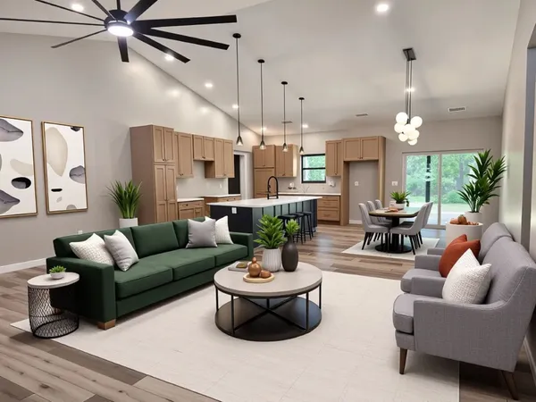 a kitchen with kitchen island a sink dishwasher a refrigerator and wooden floor