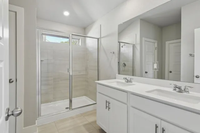 a bathroom with a shower sink vanity and mirror