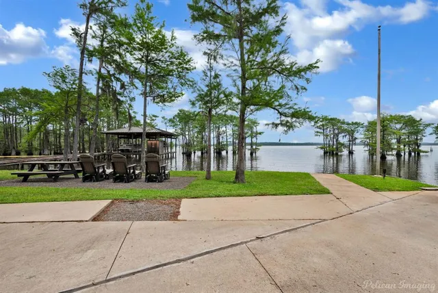 a view of a yard with cars parked in front of it