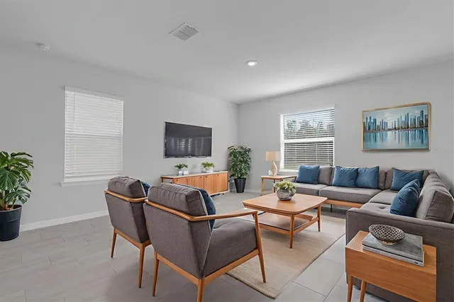 a living room with furniture and a potted plant