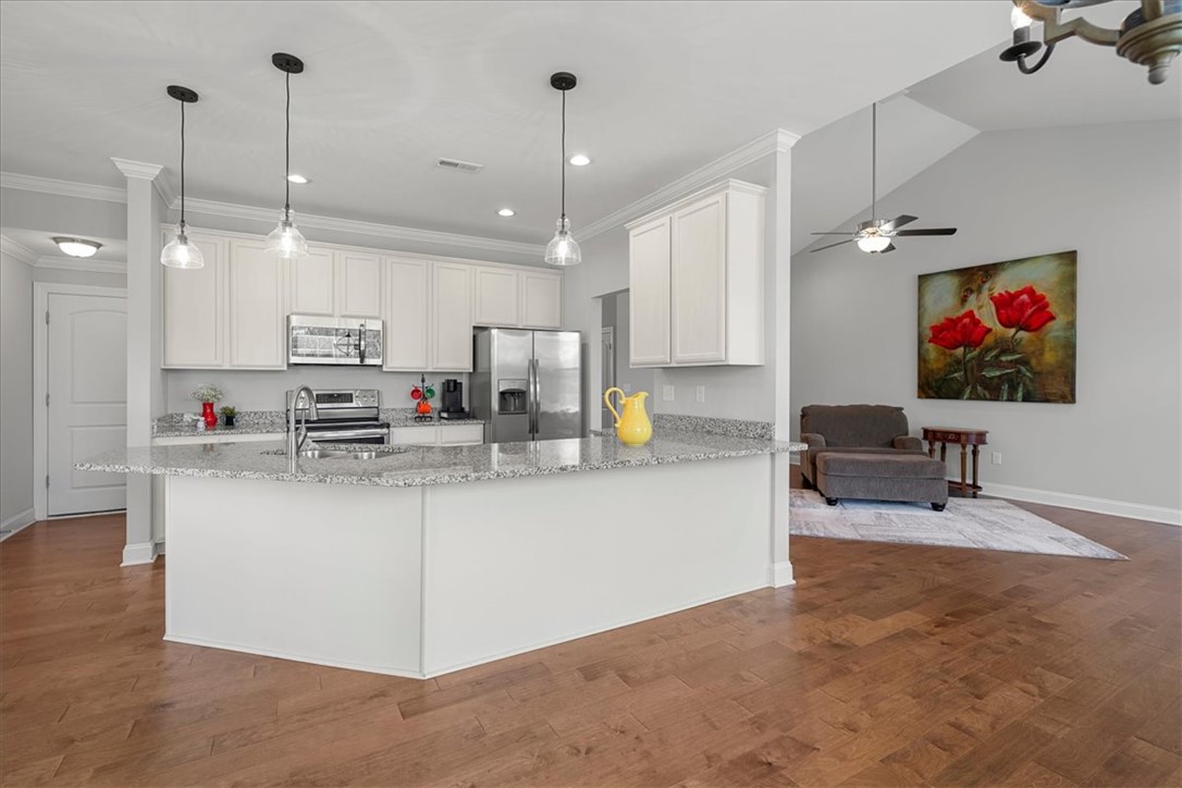 21 Barron Glenn Way Anderson, SC 29621 - Photo 19 of 48 A well-appointed kitchen island offers generous counter space and connects to 2 Dining areas and the Living Room.