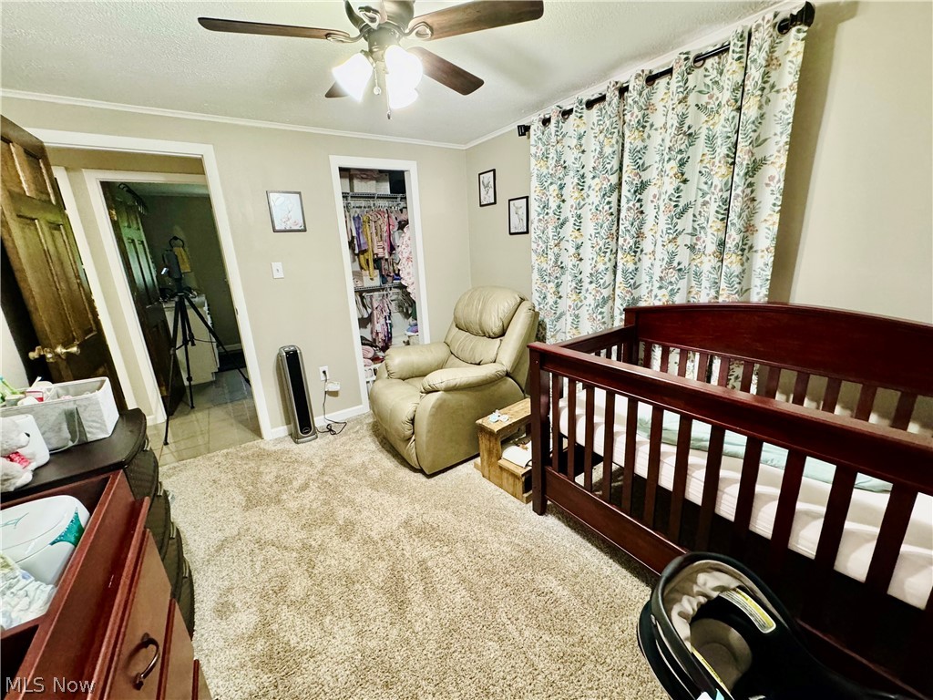 86 Cunningham Hill Road Harrisville, WV 26362 - Photo 19 of 32 Bedroom featuring a closet, ceiling fan, a crib, crown molding, and carpet floors