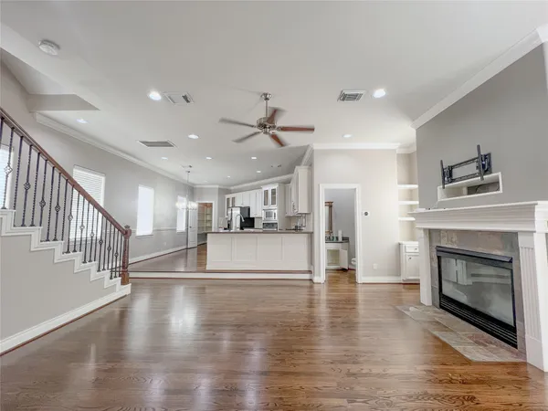 a view of a living room a fireplace with wooden floor