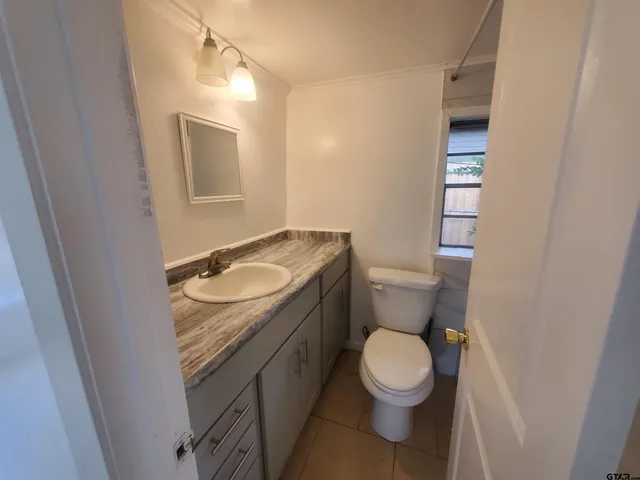 a bathroom with a granite countertop toilet and a sink