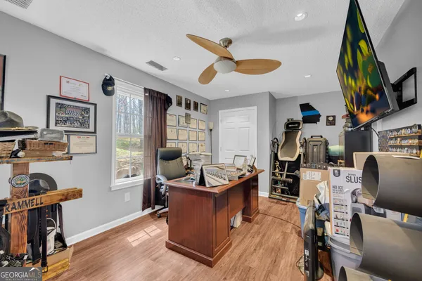 a view of a backyard with plants and tree