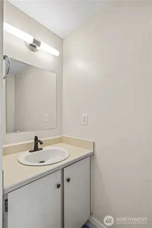 a bathroom with a sink and a mirror