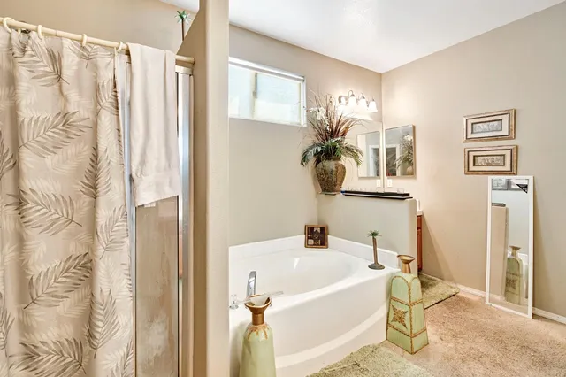 a bathroom with a bathtub and shower