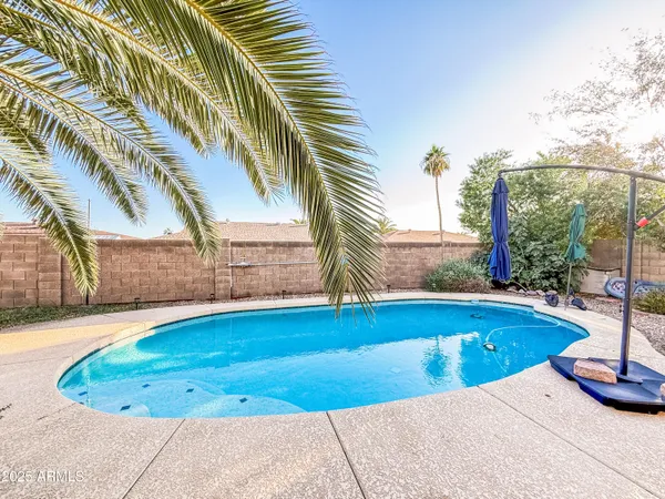 a view of a swimming pool with a chair and tables
