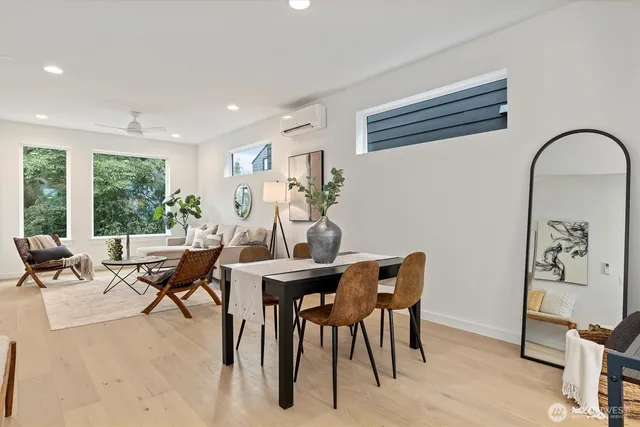 a view of a dining room with furniture window and outside view