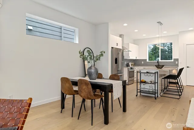 a view of a dining room with furniture