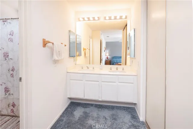 a bathroom with a sink a mirror and shower