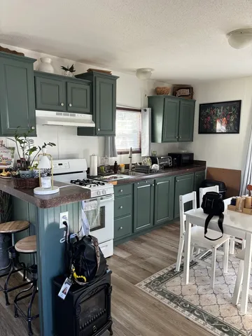 a kitchen with a sink cabinets and wooden floor