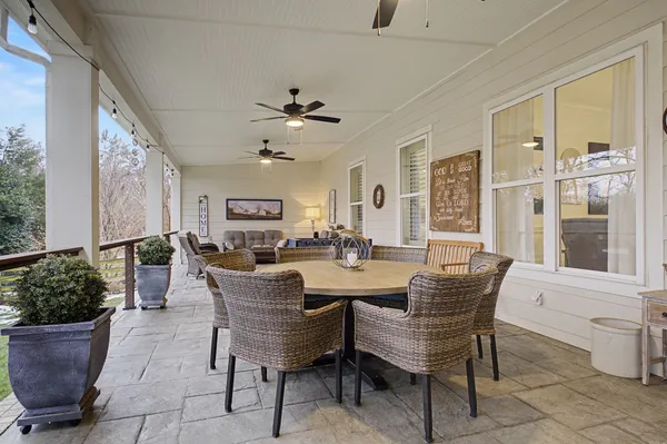a view of a dining room with furniture and a potted plant
