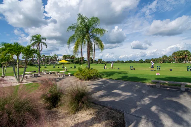 a view of a park with swings and slides