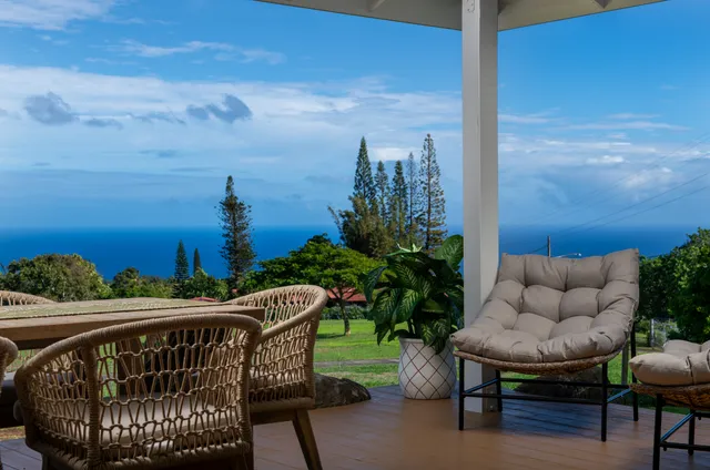 a view of balcony with furniture and a potted plant