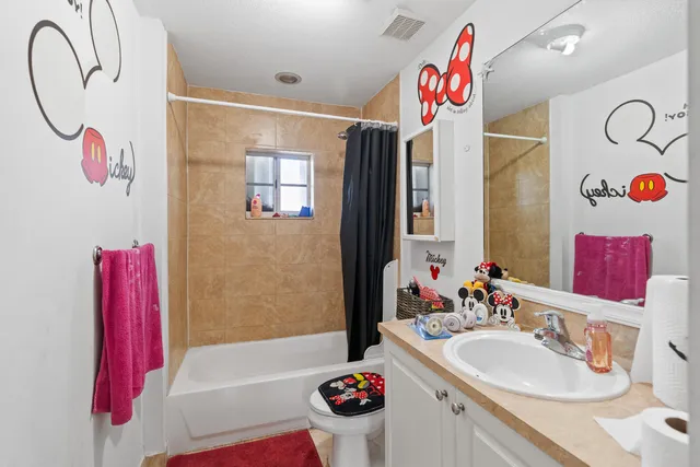 a bathroom with a sink mirror and a bath tub