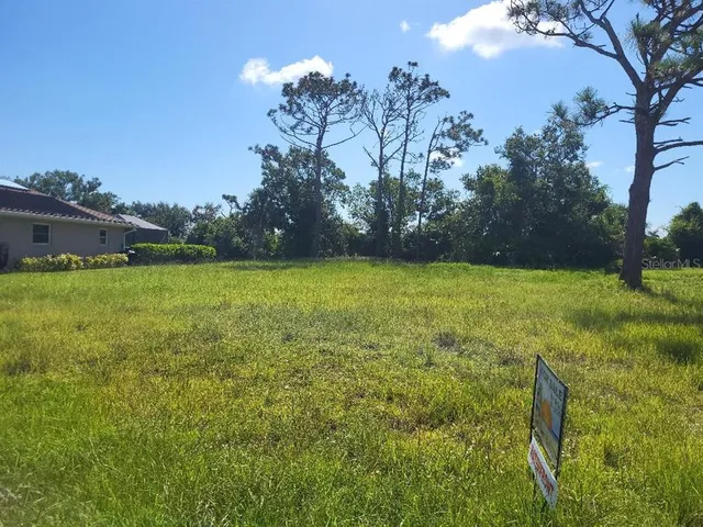 a view of a field with an trees in the background
