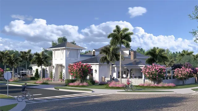 a front view of a house with a yard and a fountain