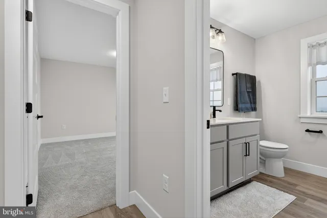 a bathroom with a sink toilet and mirror