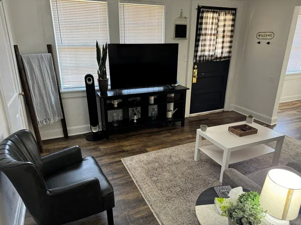 a living room with furniture and a potted plant