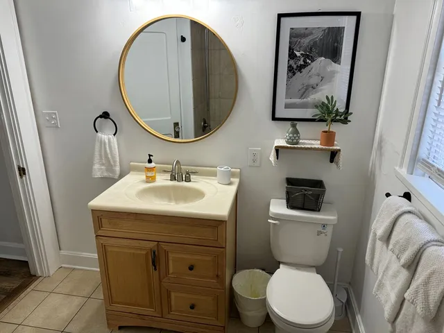 a bathroom with a toilet a sink and a mirror