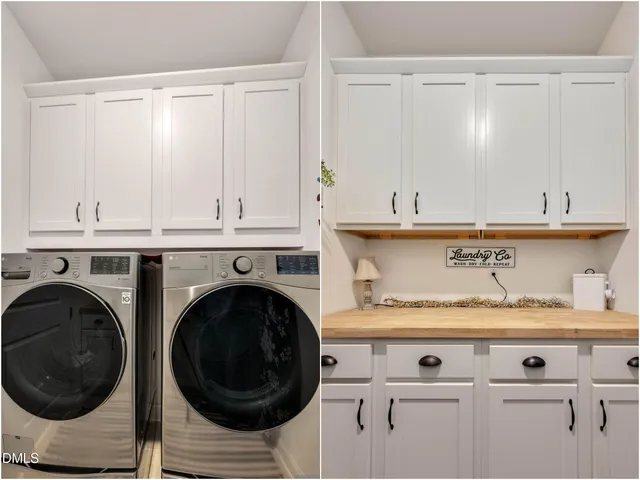 a close view of a kitchen with a washer and dryer