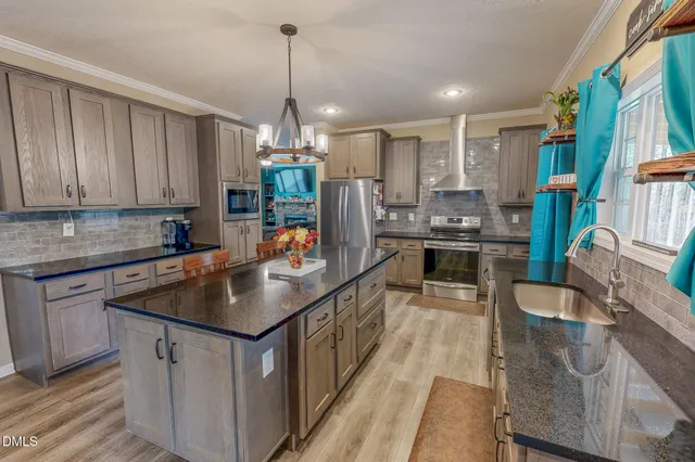 a kitchen with lots of counter top space