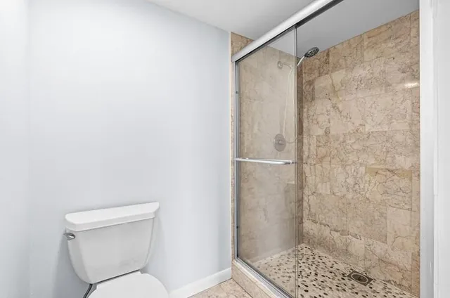 a bathroom with a shower and a toilet