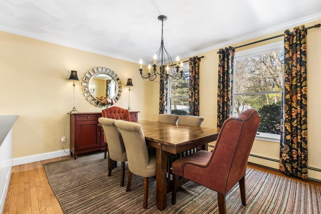 68 Sanborn Lane Reading, MA 01867 - Photo 15 of 42 a dining room with furniture a chandelier and wooden floor