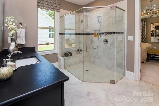 a bathroom with a shower and a sink