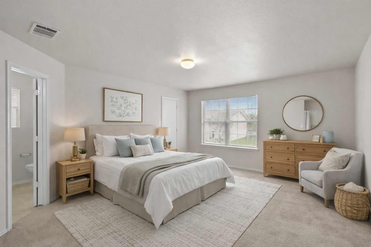 208 Dandelion Loop Kyle, TX 78640 - Photo 7 of 39 Virtually Staged -Master bedroom featuring light-colored walls, a prominent window with blinds, and a neutral ceiling fixture