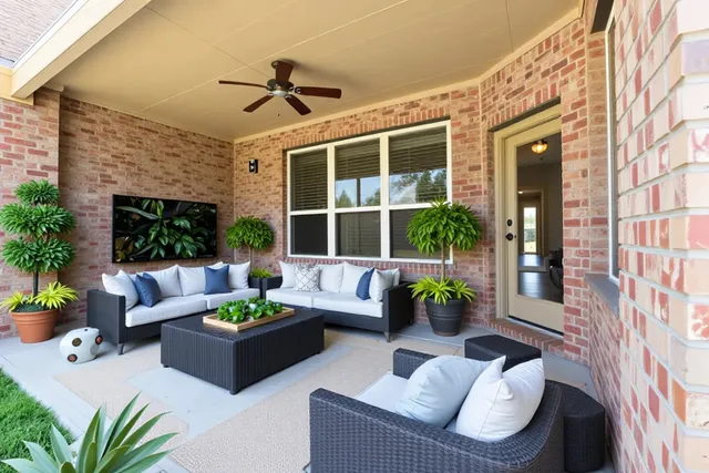 a view of a patio with couches table and chairs and potted plants