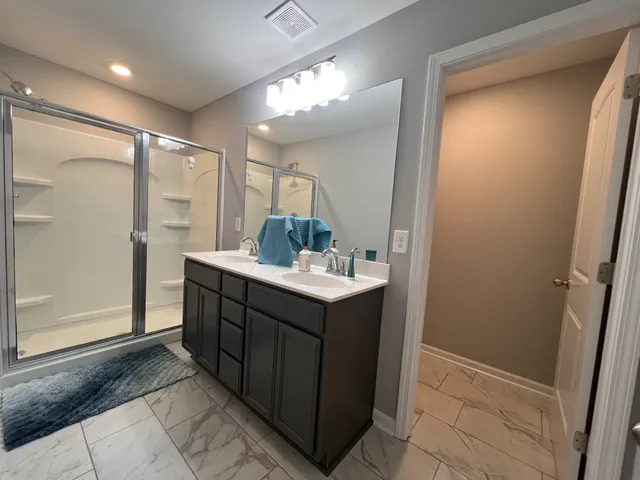 a bathroom with a sink a mirror and a shower