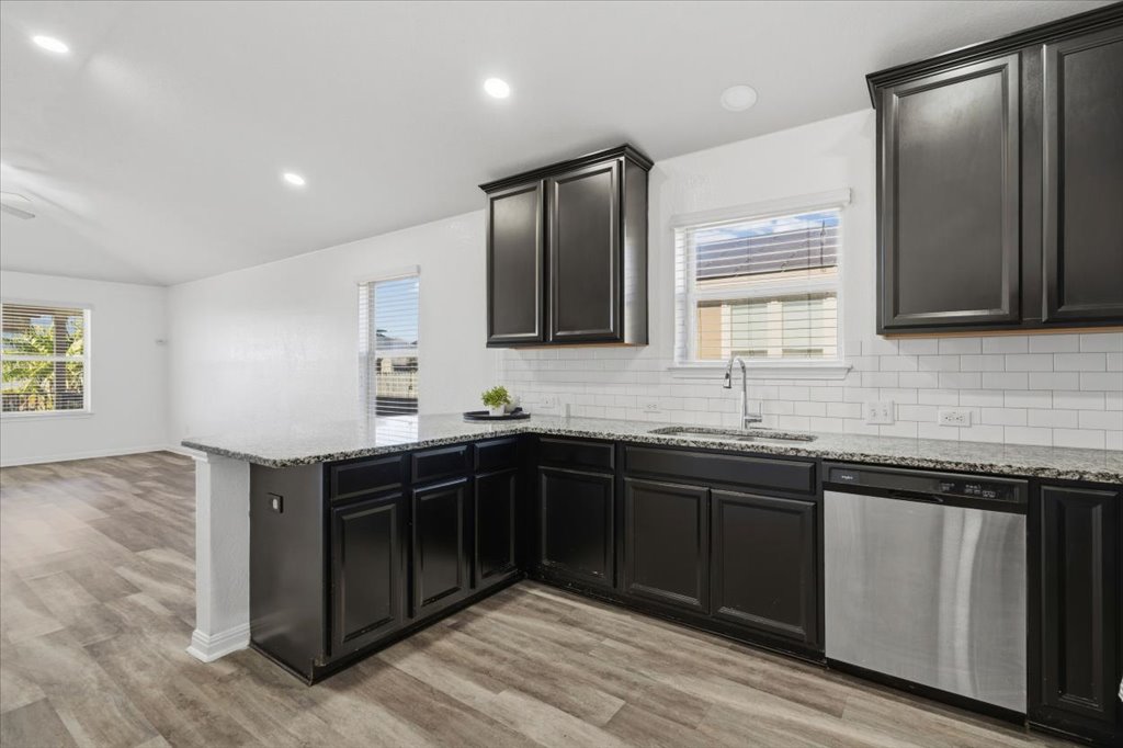 19040 Kimberlite Drive Pflugerville, TX 78660 - Photo 17 of 40 Kitchen featuring light stone countertops, dark cabinetry, decorative backsplash, stainless steel dishwasher, and a peninsula
