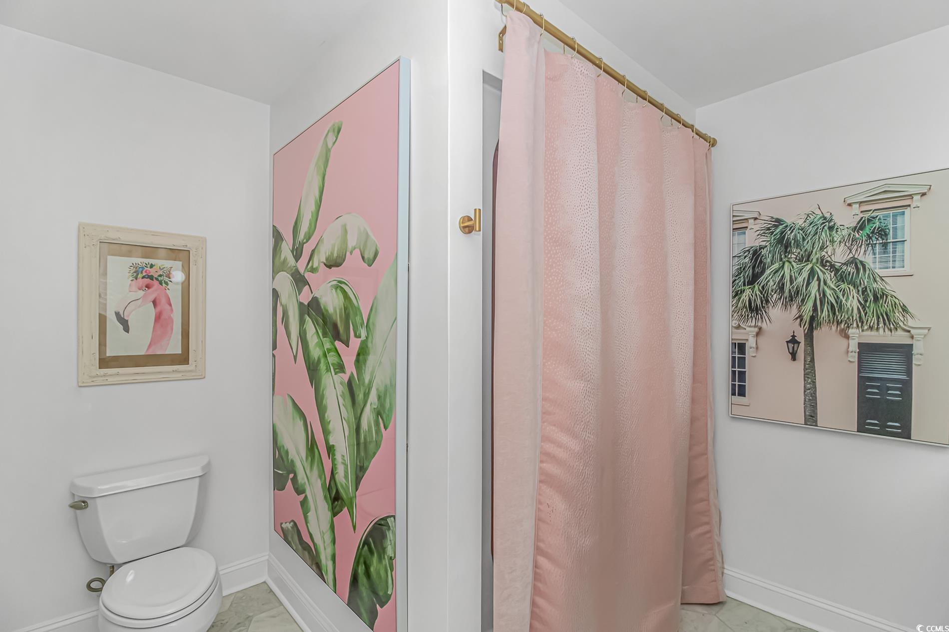 510 Rum Gully Road Murrells Inlet, SC 29576 - Photo 18 of 35 Full bath featuring toilet, baseboards, and a shower with shower curtain