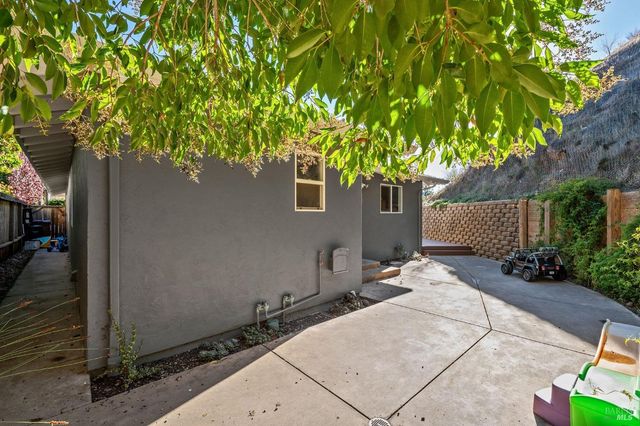 a backyard of a house with plants and tree