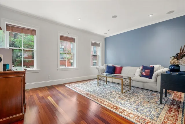 a living room with furniture and a rug