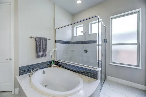a bathroom with a tub and a shower