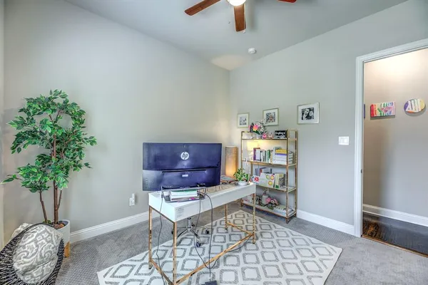 a living room with furniture and a potted plant