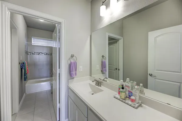 a bathroom with a sink vanity and mirror